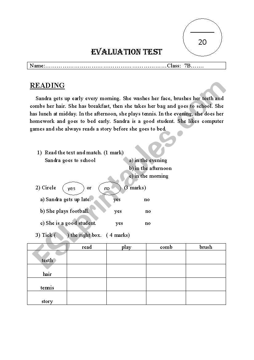 evaluation test worksheet