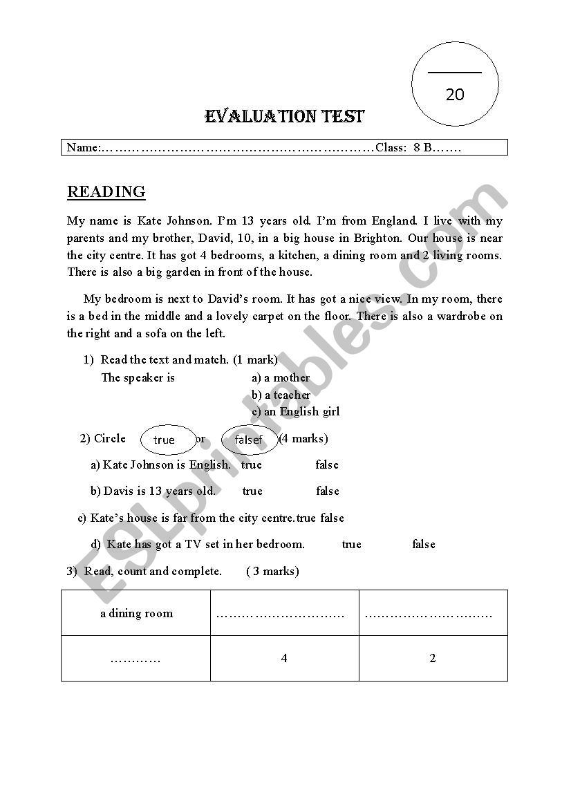 evaluation test. 8th form worksheet