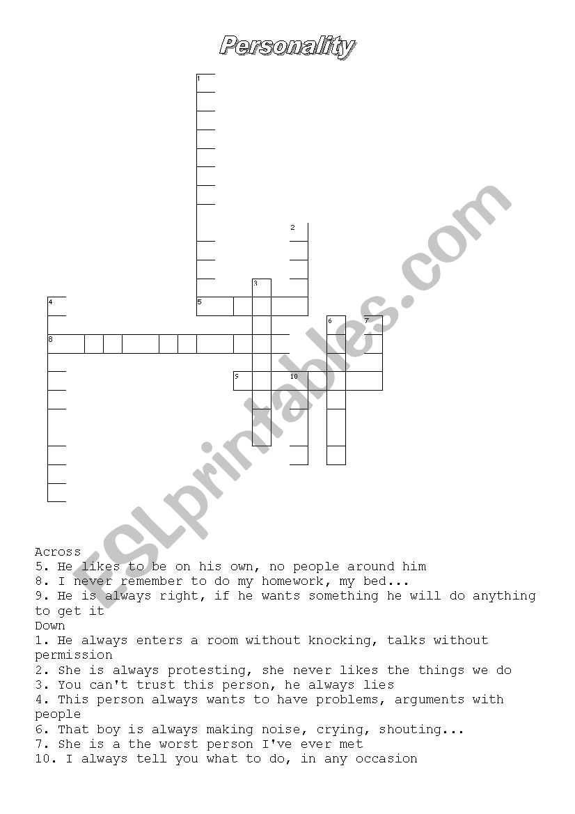 PERSONALITY CROSSWORD worksheet