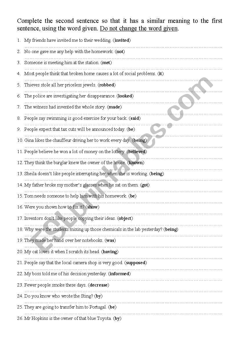 Passive Voice Transfromations worksheet