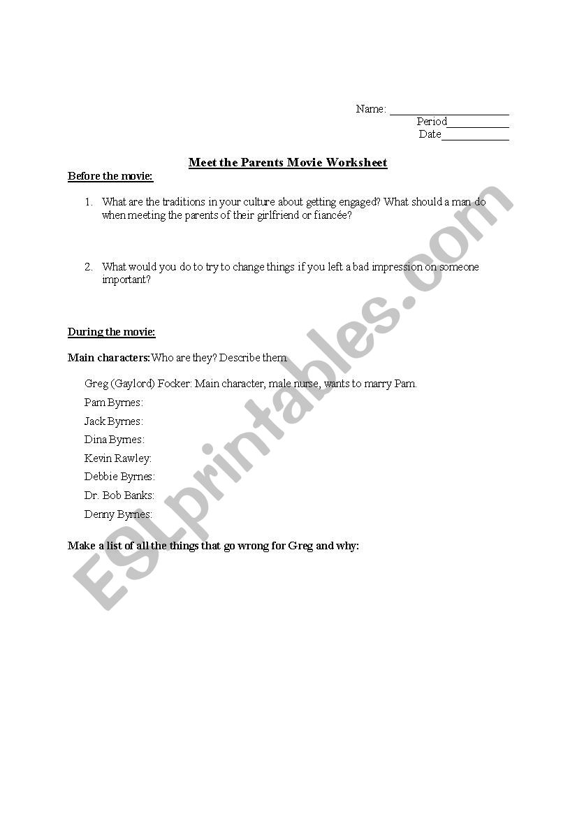 Meet the Parents Movie Worksheet