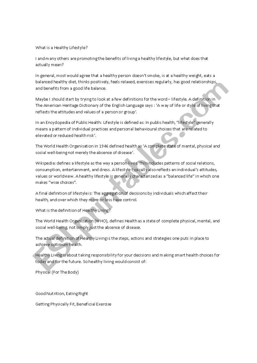 what is healthy life? worksheet