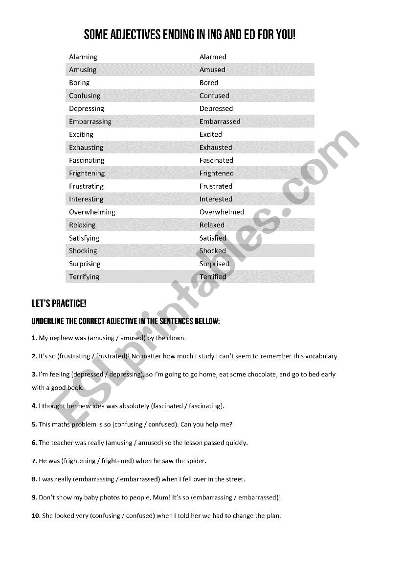 Adjectives ending ED and ING worksheet