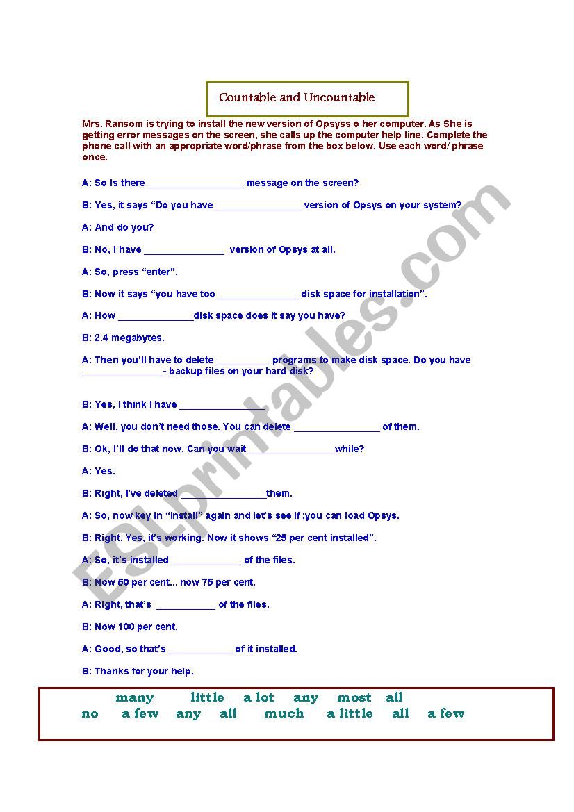 Countable- Uncountable worksheet