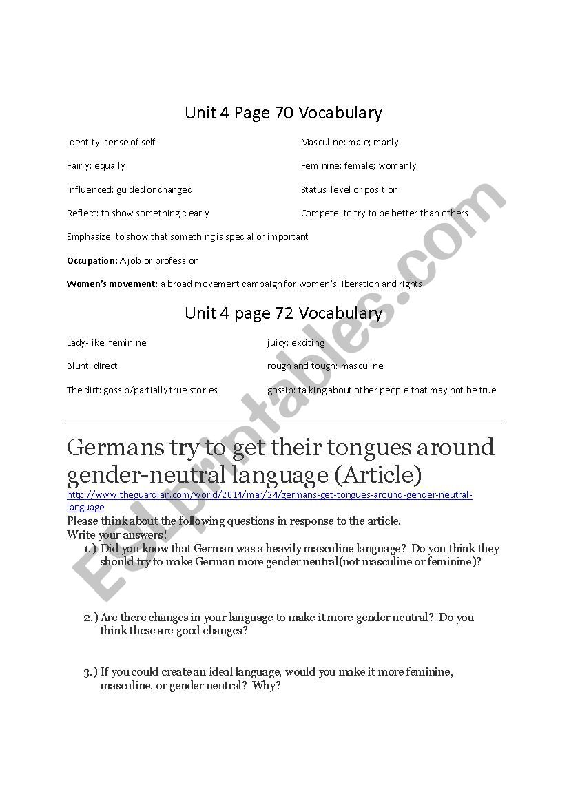 Gender and Language worksheet