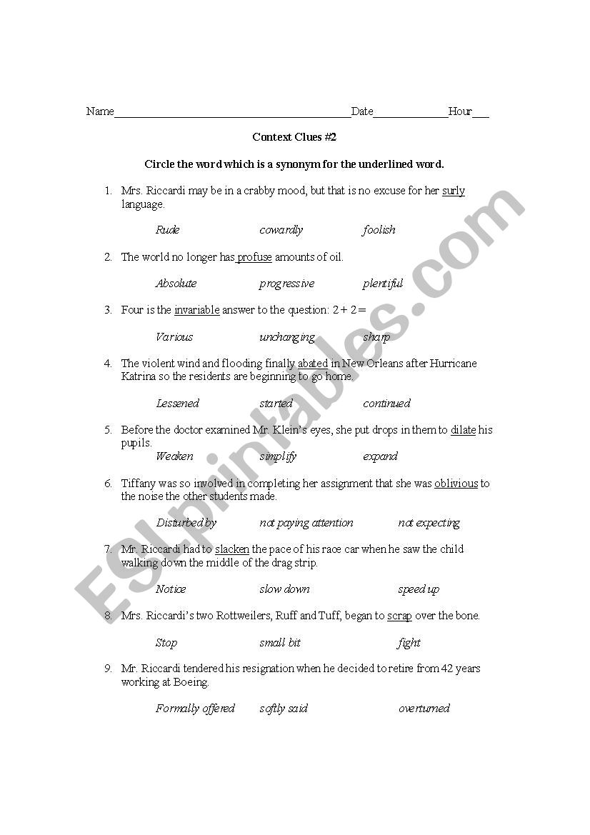 Context Clues 2 worksheet