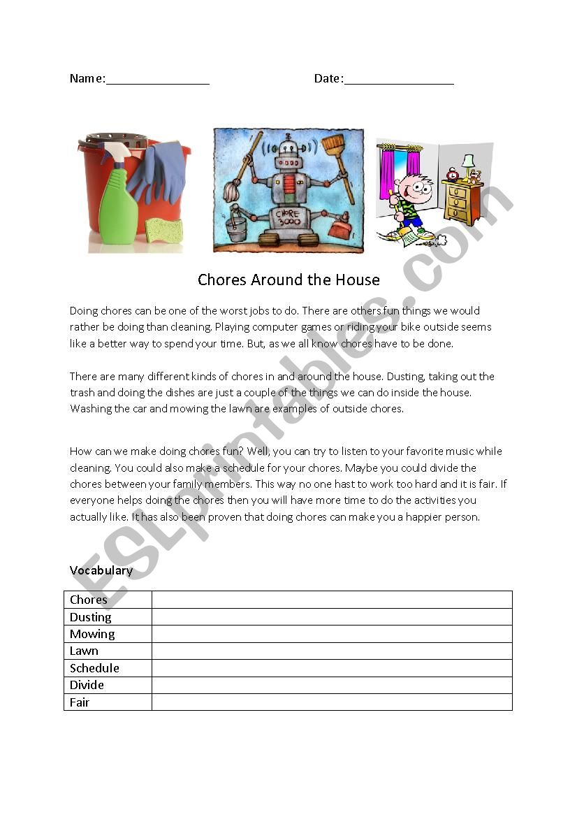 Chores around the house worksheet