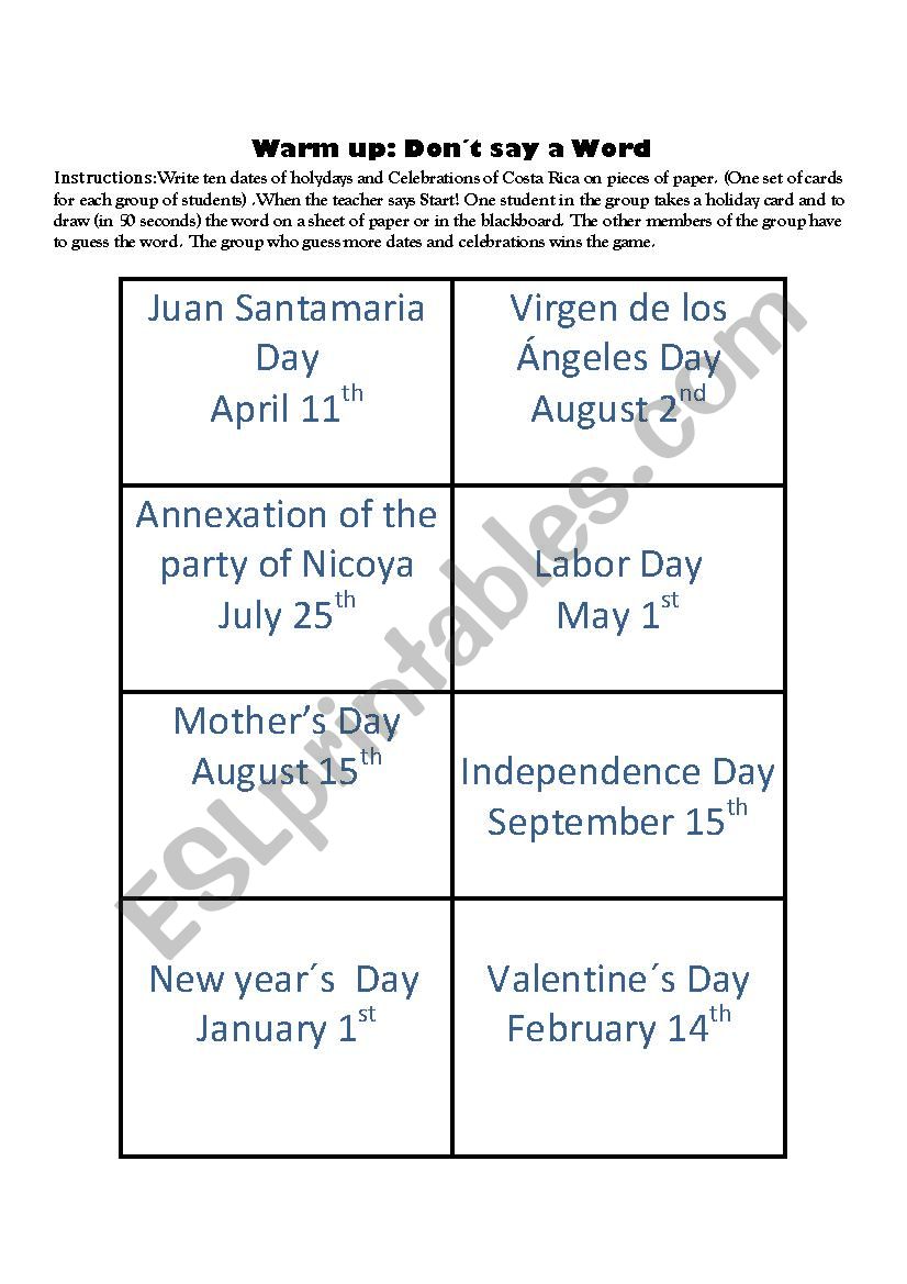 Warm up: Dont say a Word Holydays and Celebrations of Costa Rica