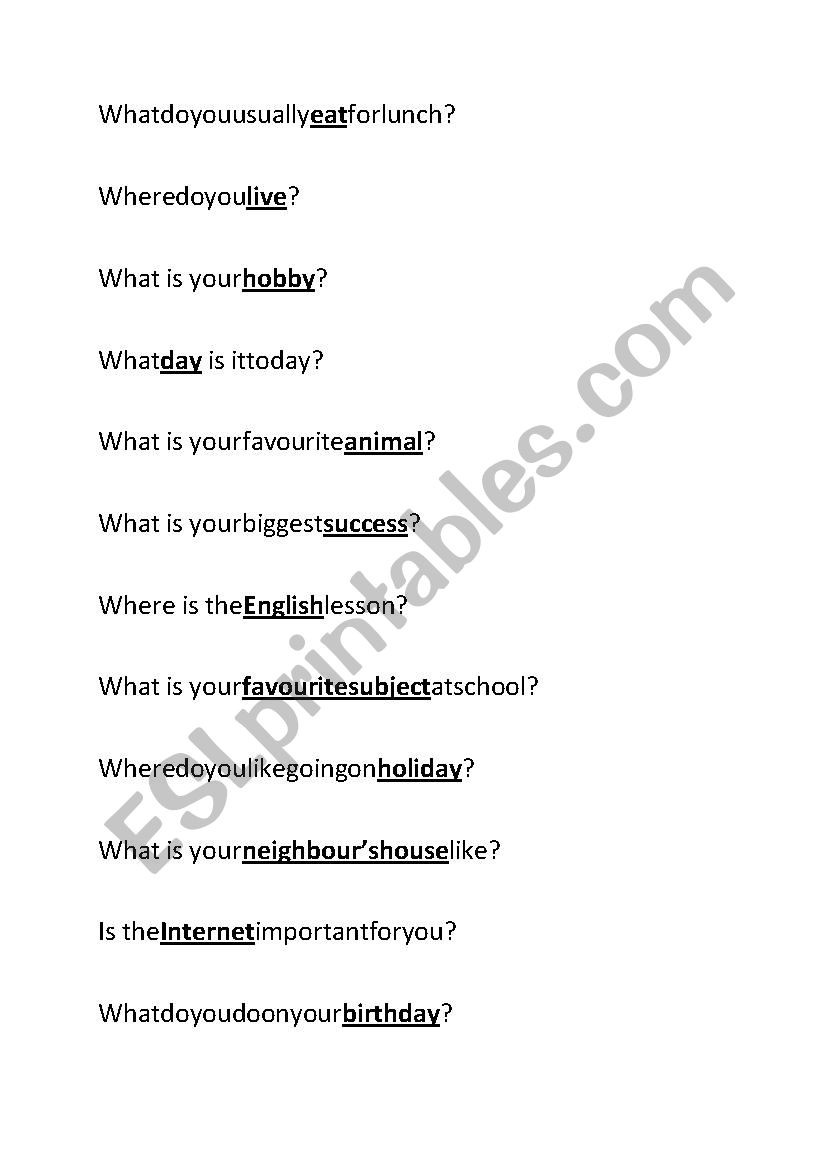 Asking questions worksheet
