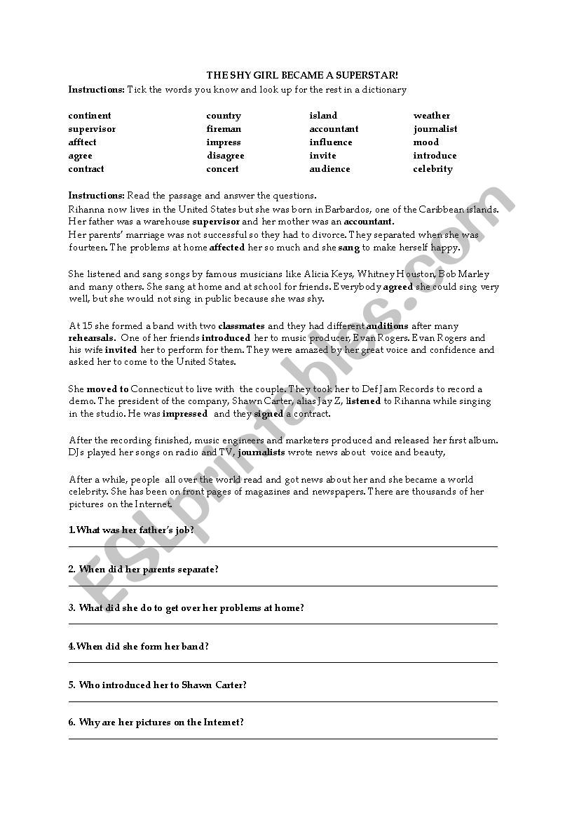 Rihanna - ESL worksheet by Theprep