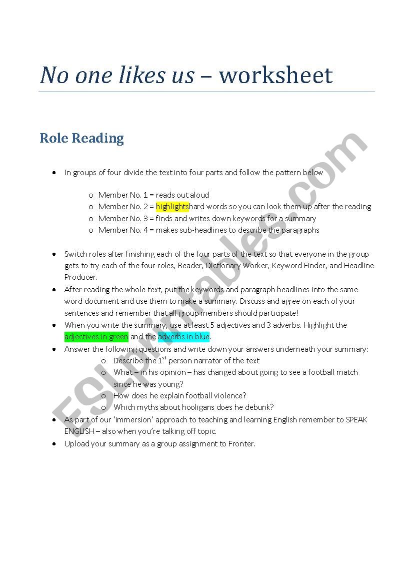 No one likes us - worksheet worksheet