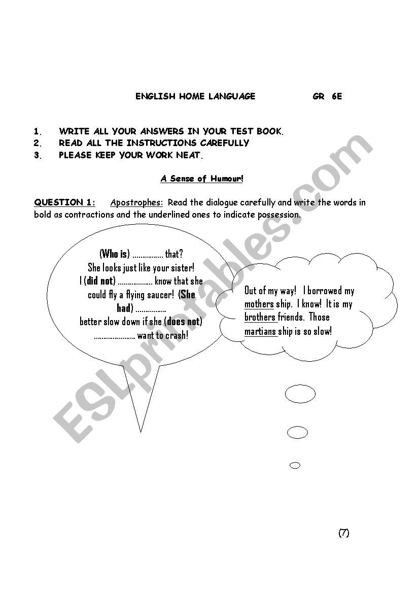 Grammar test grade 6 worksheet