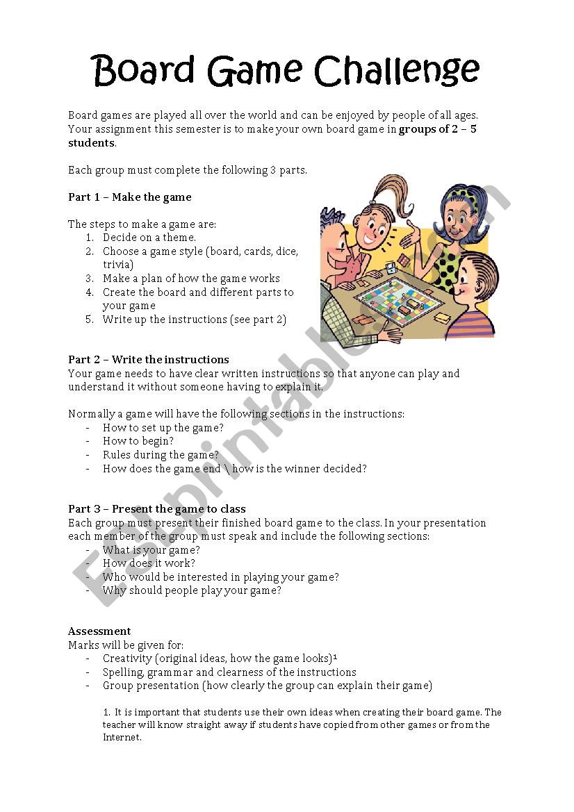 Board Game Assignment worksheet