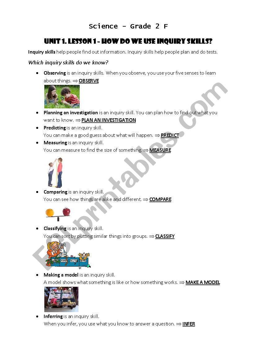 Inquiry skills (plan an investigation, observe, compare, measure With Observation Vs Inference Worksheet