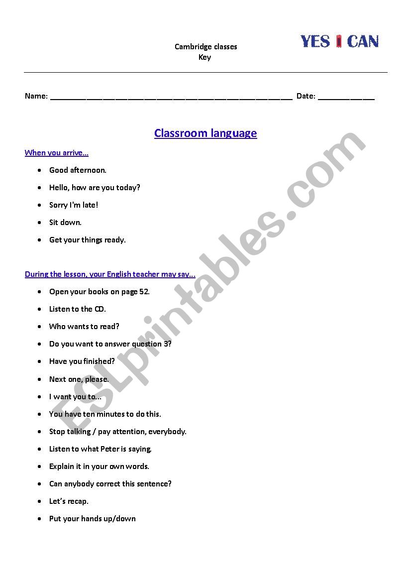 Classroom language worksheet