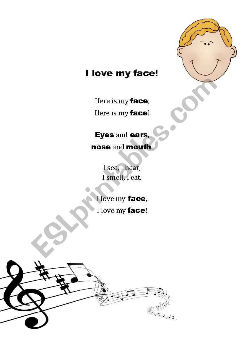 I love my face! song worksheet