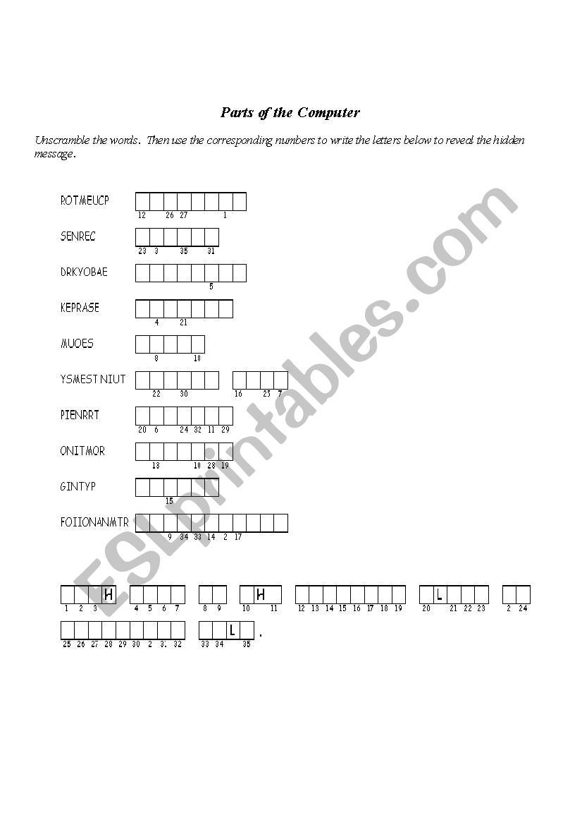 Parts of the Computer Unscramble