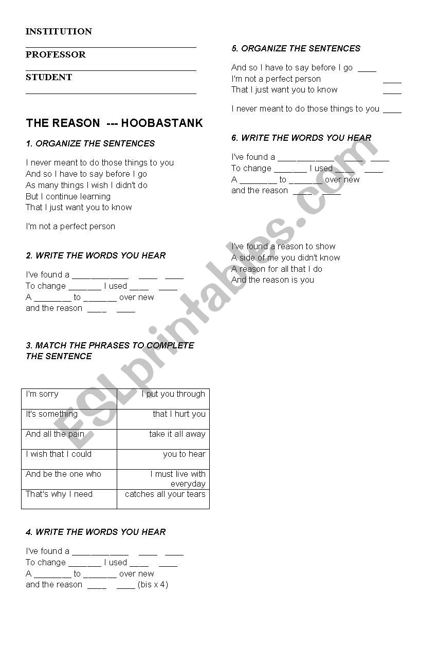 SONG: THE REASON worksheet