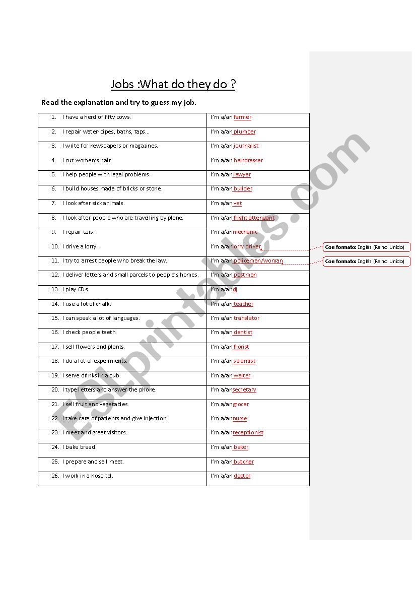 What do they do for living? worksheet