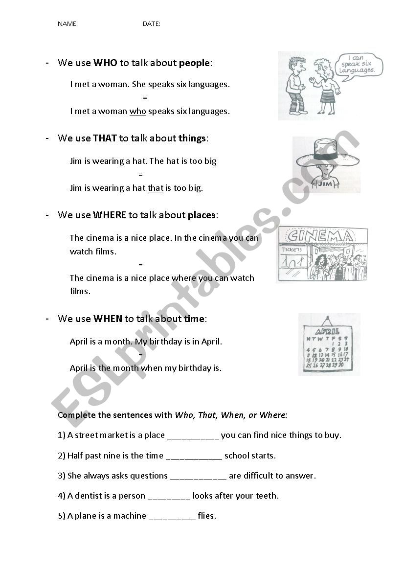 Relative clauses - who, that, when, where