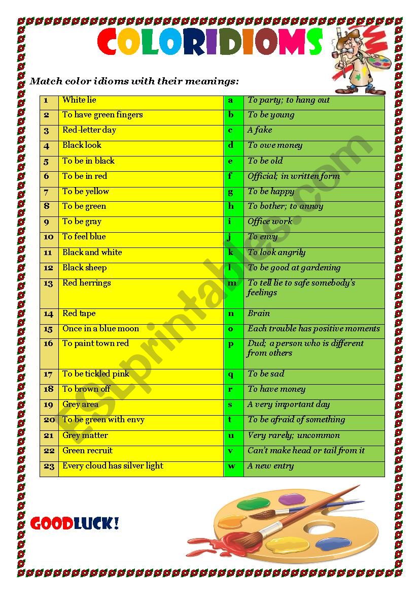 Colour idioms worksheet