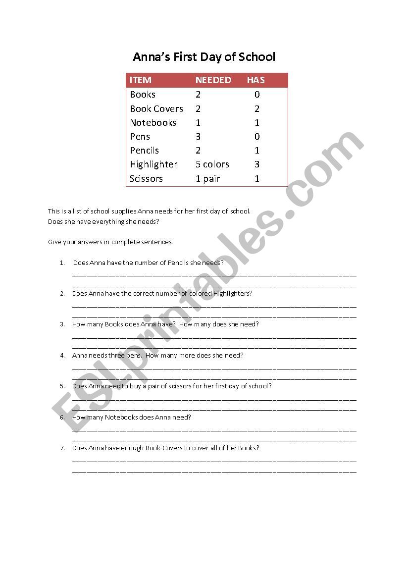 Anna´s First Day of School (Numbers) - ESL worksheet by Jaimie Neuman
