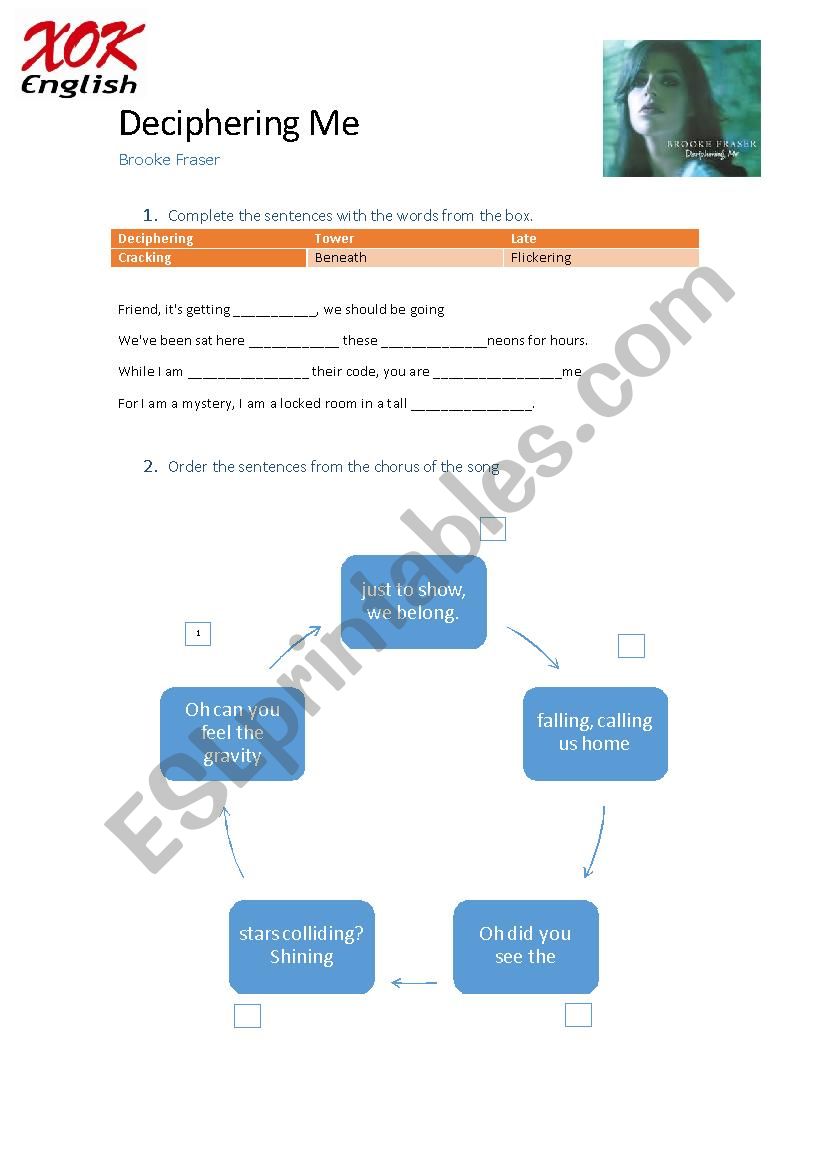 Deciphering Me - Brooke Fraser - Song Worksheet