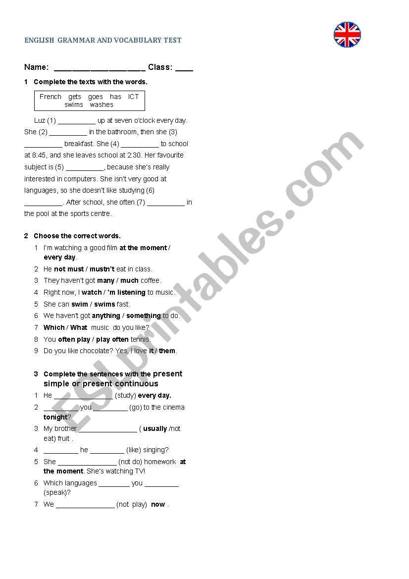 grammar test worksheet