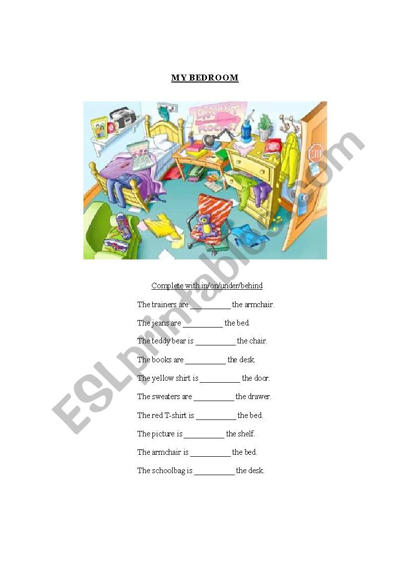 Bedroom and prepositions worksheet