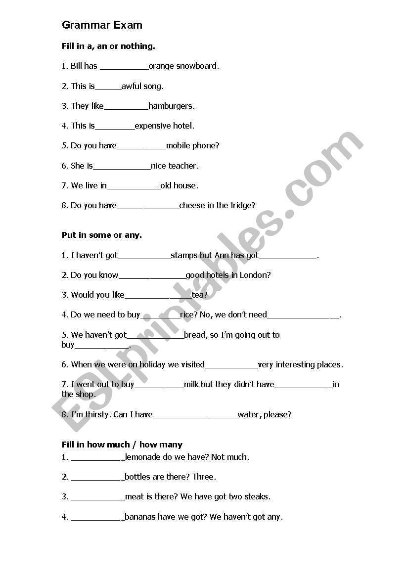 grammar exam worksheet