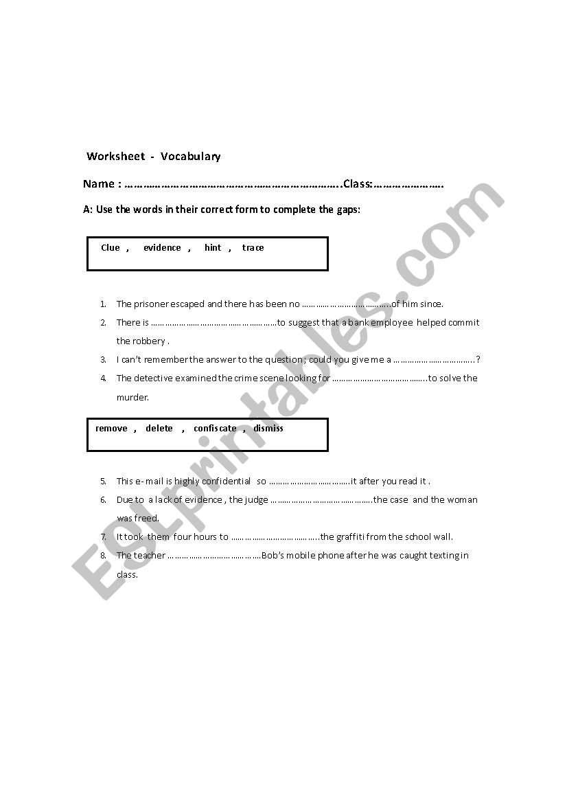 Vocabulary worksheet -  worksheet