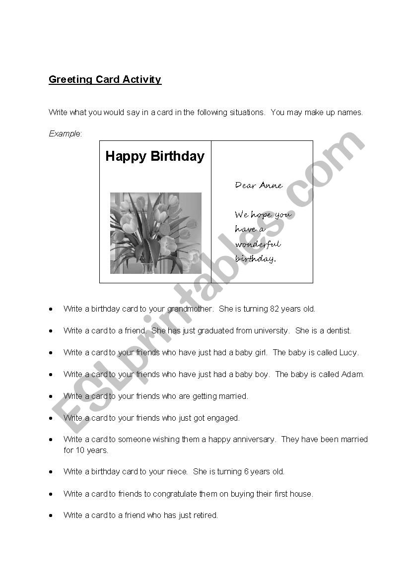 Greeting Card Actvity worksheet