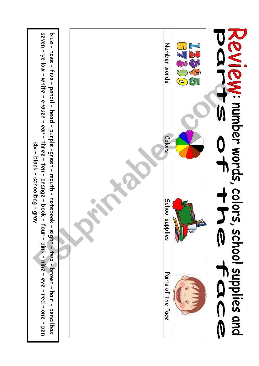Review:numbers,colors,school supplies and parts of the face
