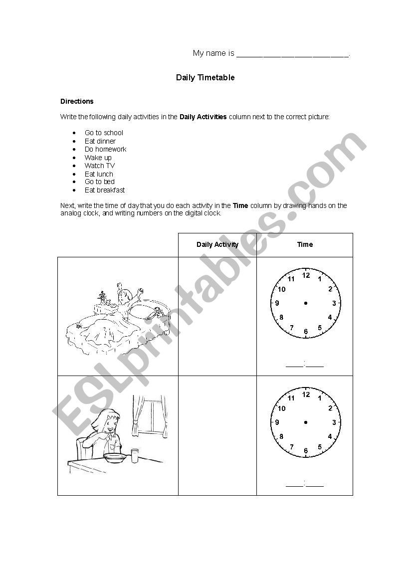 Daily Timetable worksheet