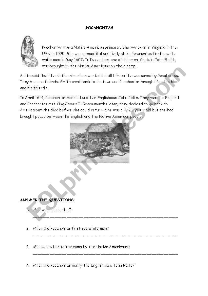 Reading - Pocahontas worksheet