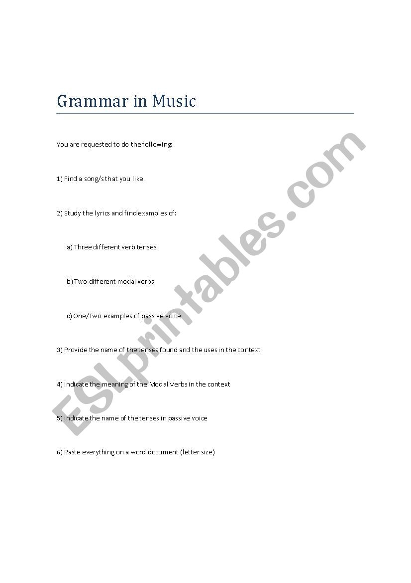 GRAMMAR IN MUSIC worksheet