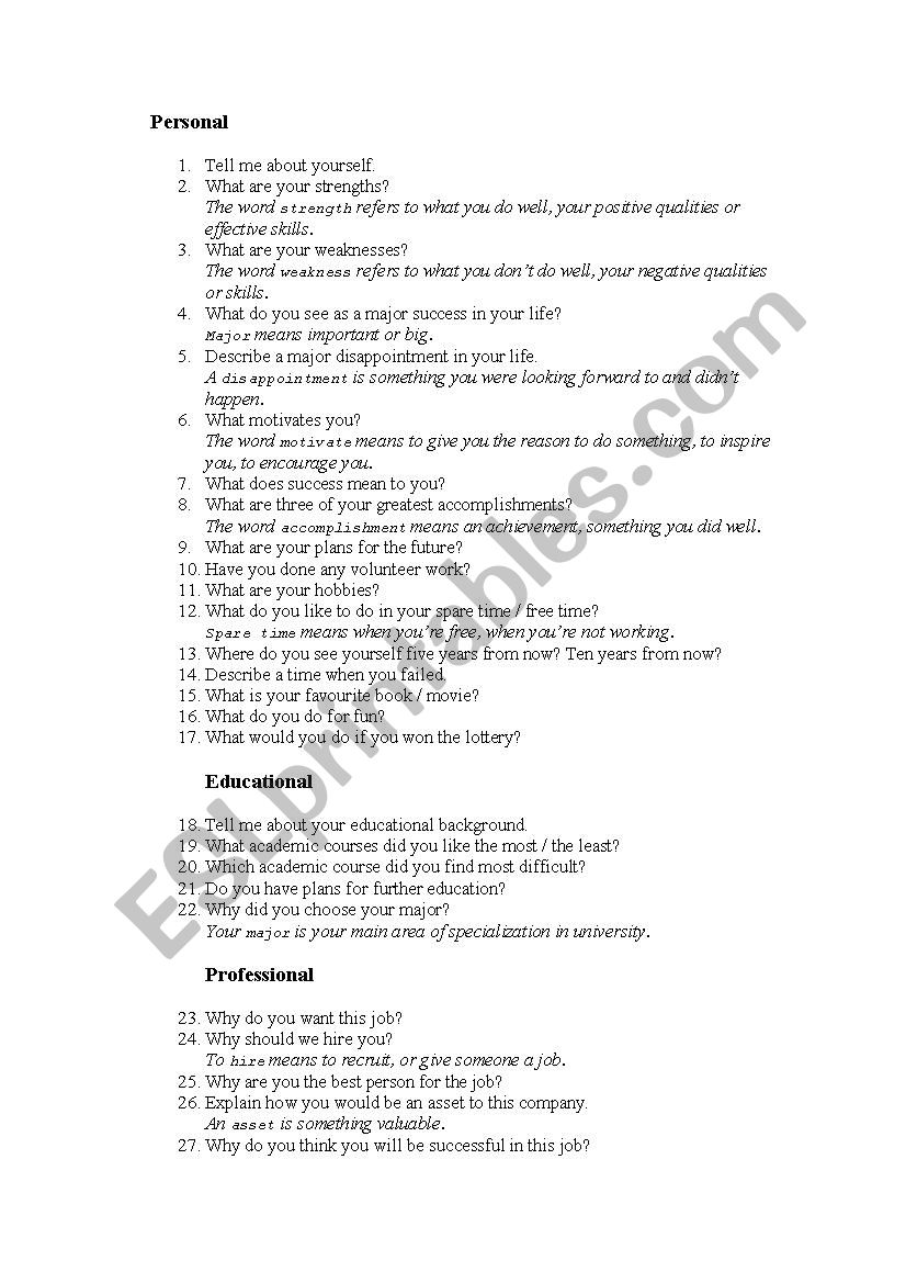 100 job interview questions worksheet
