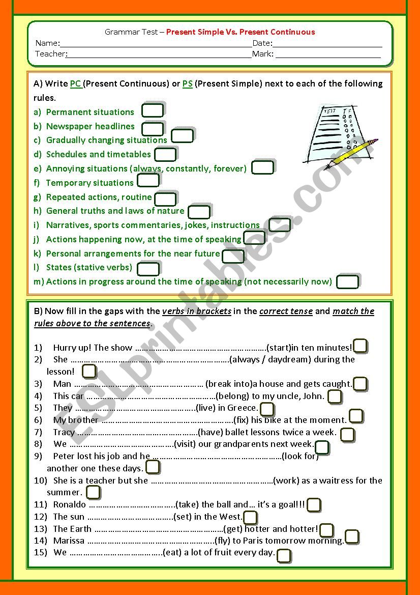 Present Simple Present Continuous - Grammar Test