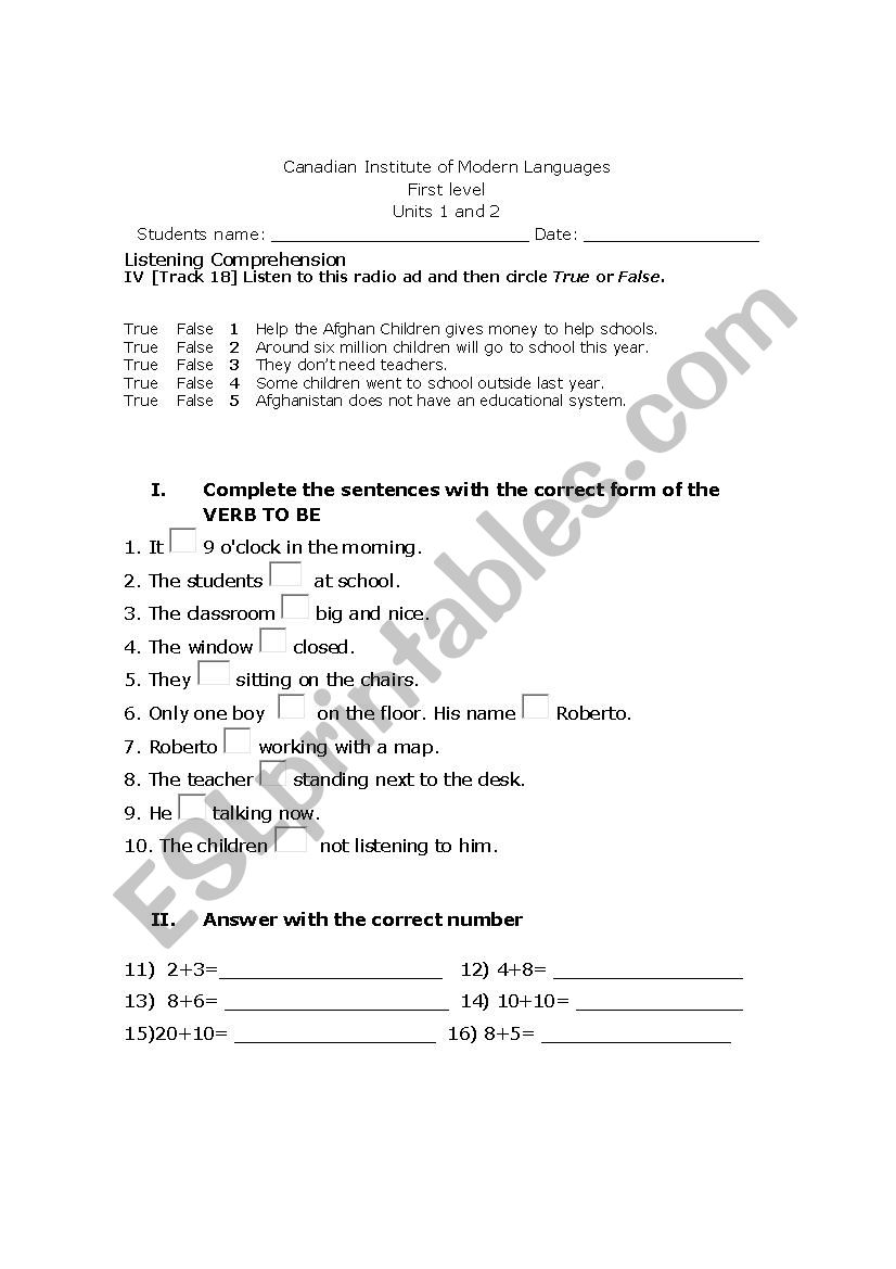 Exam first level worksheet