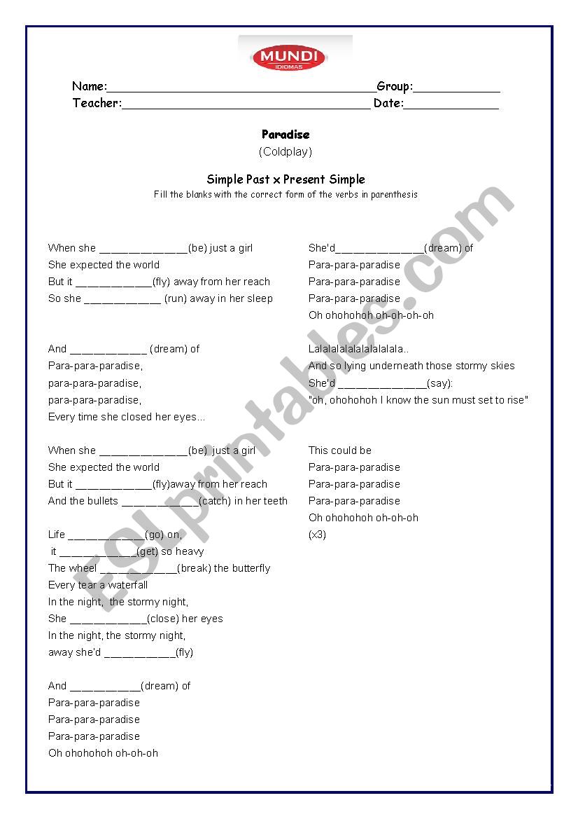 Coldplay - Paradise worksheet