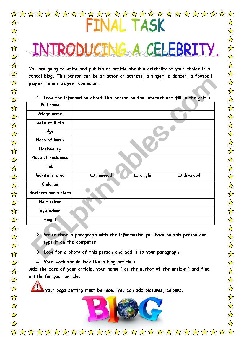 Final task - Introduce a celebrity - ESL worksheet by Lsa28