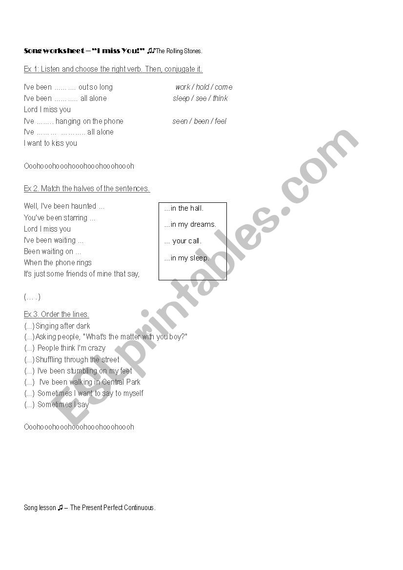 SONG WORKSHEET - I MISS YOU - PRESENT PERFECT CONTINUOUS