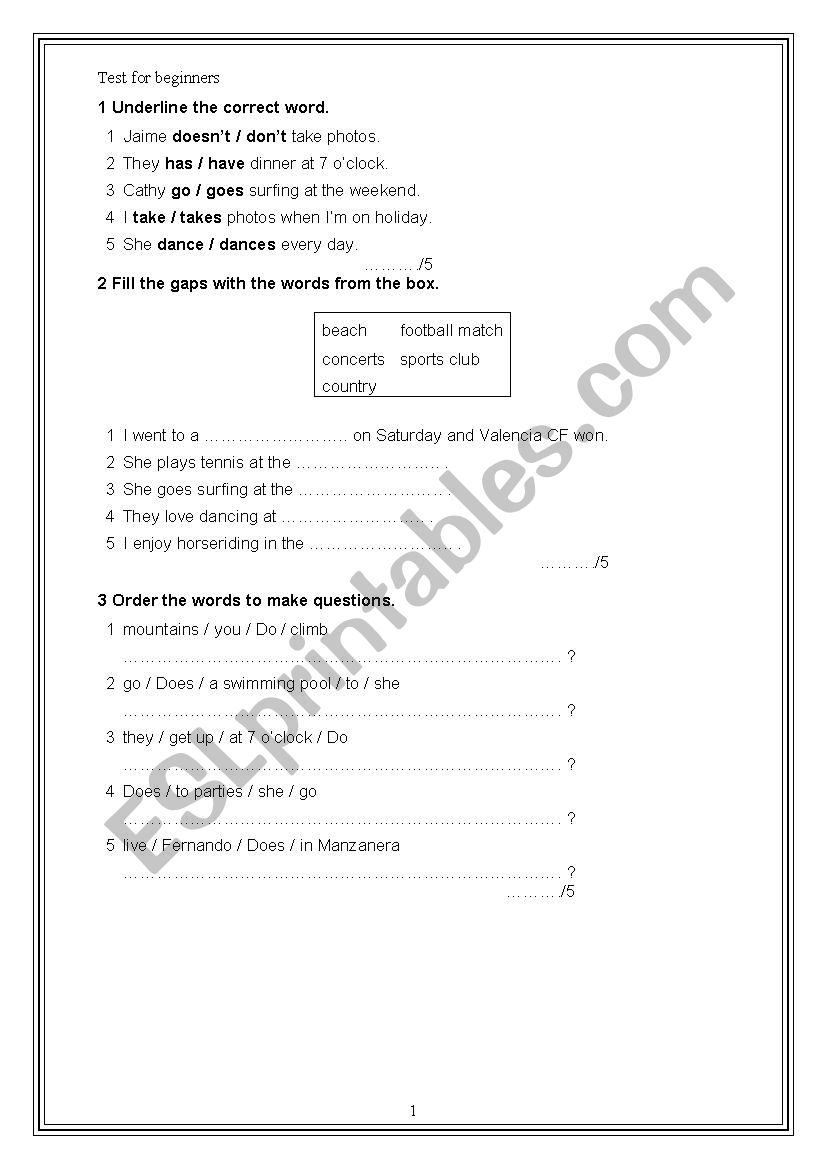 elementary test worksheet