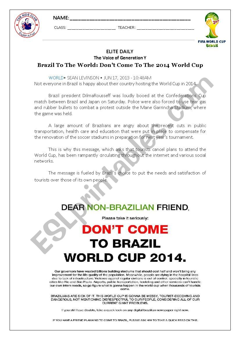 World Cup in Brazil worksheet