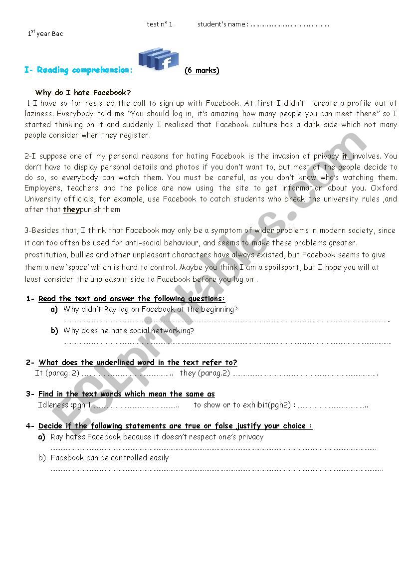 test for 1st year bac worksheet