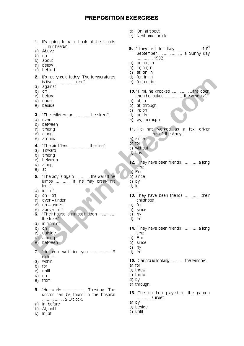 General Preposition Exercises worksheet