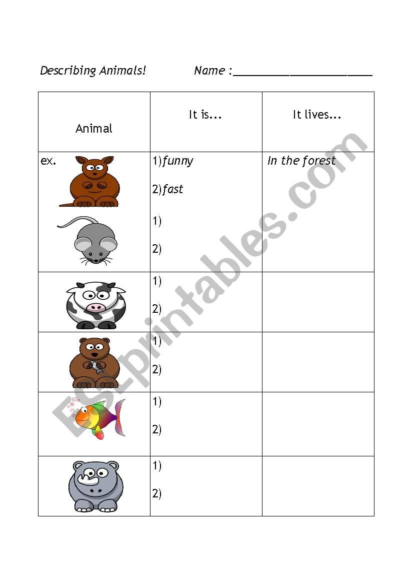 Describing animals worksheet