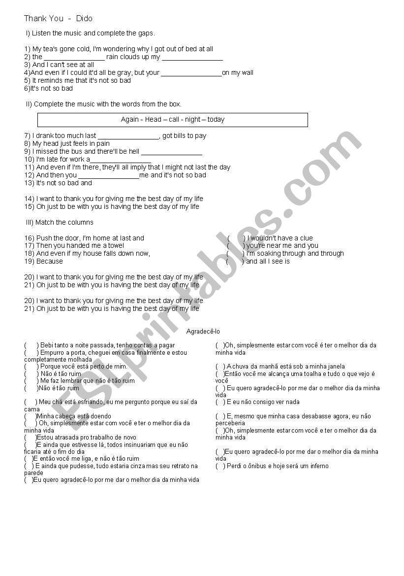 Song Thank Dido worksheet