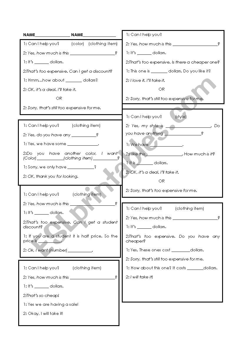 Shopping Dialogue worksheet