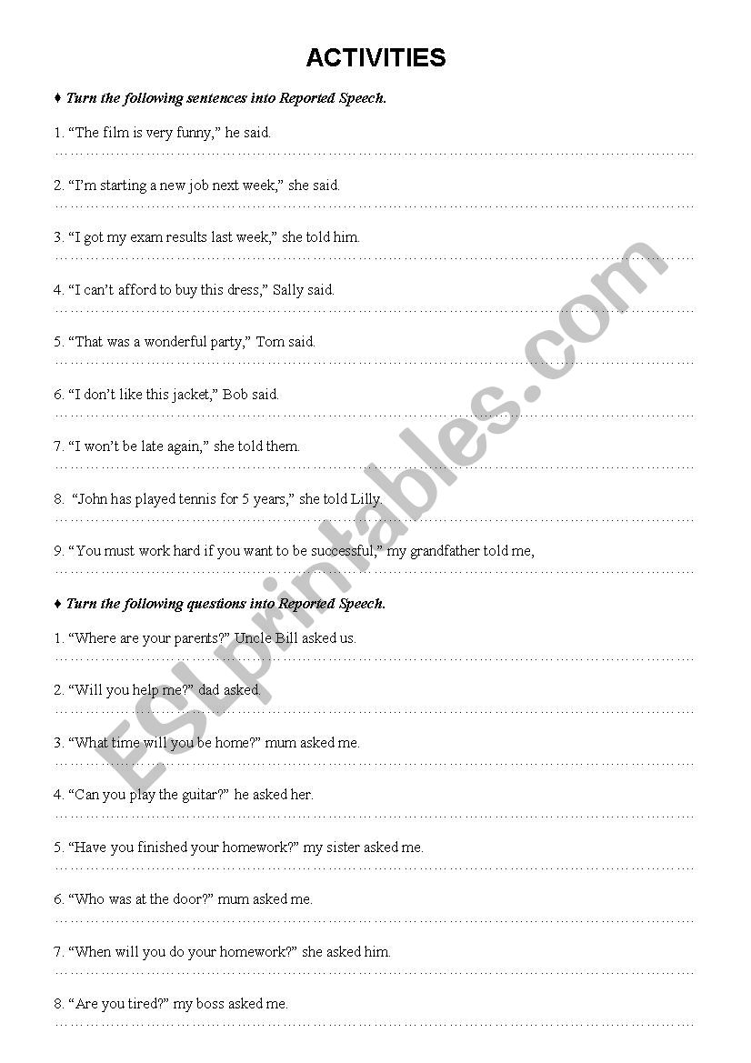 Reported Speech Activity worksheet